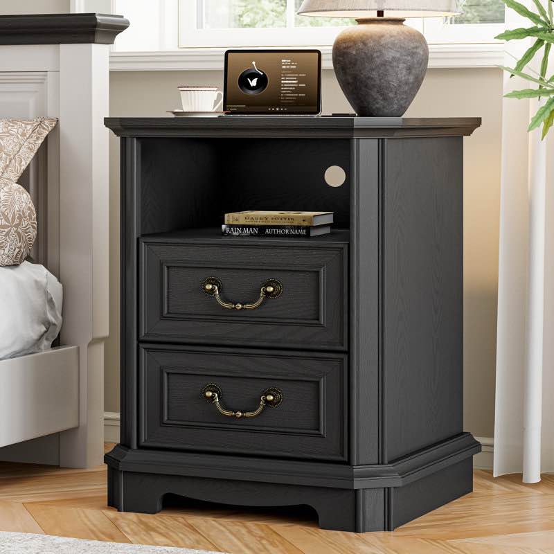 Vintage Nightstand With 2 Drawers & 1 Open Storage ,Wooden Side Table with Shelf for Bedroom, Metal Pull Rings