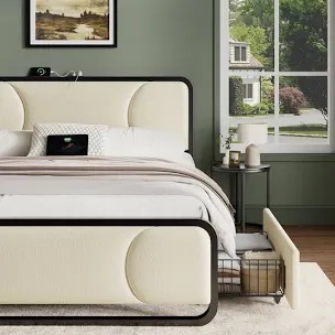 Upholstered Platform Bed with 2 Storage Drawers, Modern Bed Frame Queen 