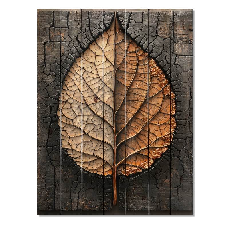 Modern Dark Leaves Symmetry Of Winter I - Leaves Wood Wall Art - On Natural Pine Wood 10x20”