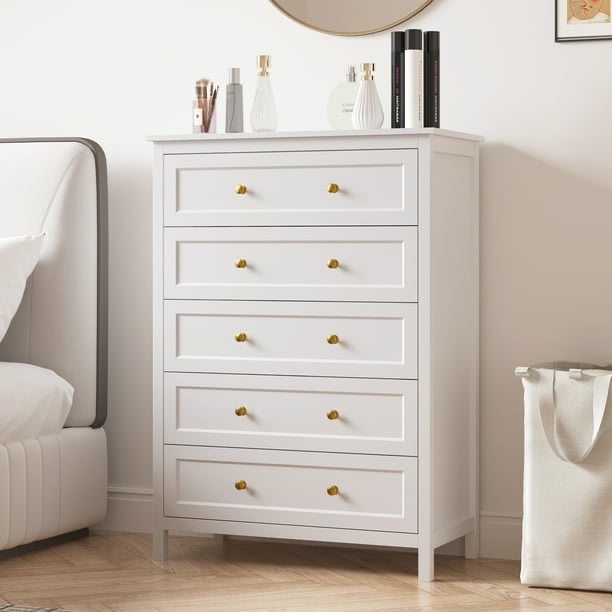 DIYART 5 Drawer Dresser for Bedroom, 42" Tall Chest of Drawers with Golden Handles, Modern Wooden Bedroom Storage Cabinet for Living Room and Closet, White