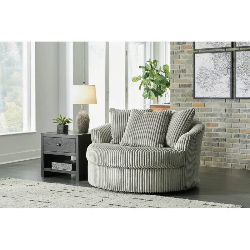 Signature Design by Ashley Lindyn Grey Line Tufted Plush Oval Oversized Accent Chair, Accent Pillows Included. 38'' H X 58'' W X 55'' D