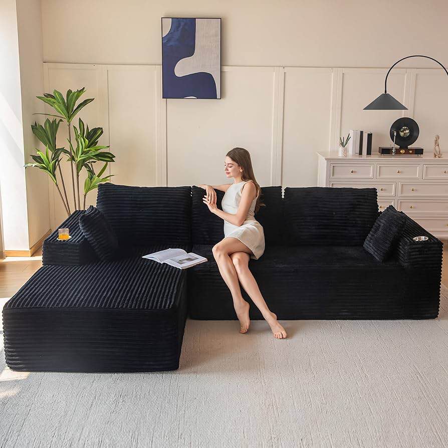 MAXYOYO Black Plush L-Shaped Sectional Sofa with Convertible Ottoman, Modular Cloud Couch