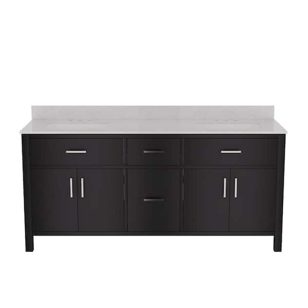 DEERVALLEY 72 in. Double Sink Freestanding Black Wood Bath Vanity with White Engineered Marble Top (Assembled)