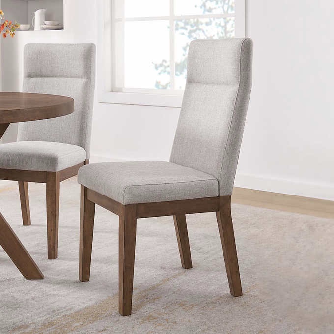 Kaelyn Armless Rubberwood Dining Chairs in Hazelnut Finish with Light Grey Cushioning, Set of 4