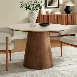 Orren Ellis Nordic style simple round dining table, Dark Walnut Base, Marble Painted Acrylic Coated Wooden Table Top. 47” W x 27” H Needs Hardware