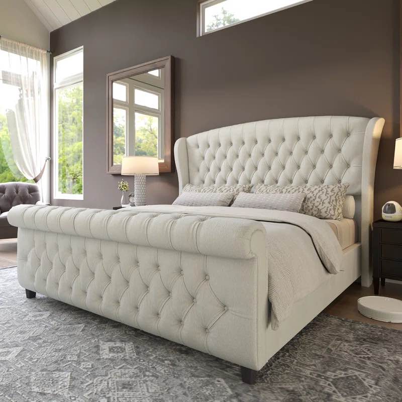 Dulane King Size Chenille Upholstered Sleigh Bed with Scroll Wingback Headboard in White.