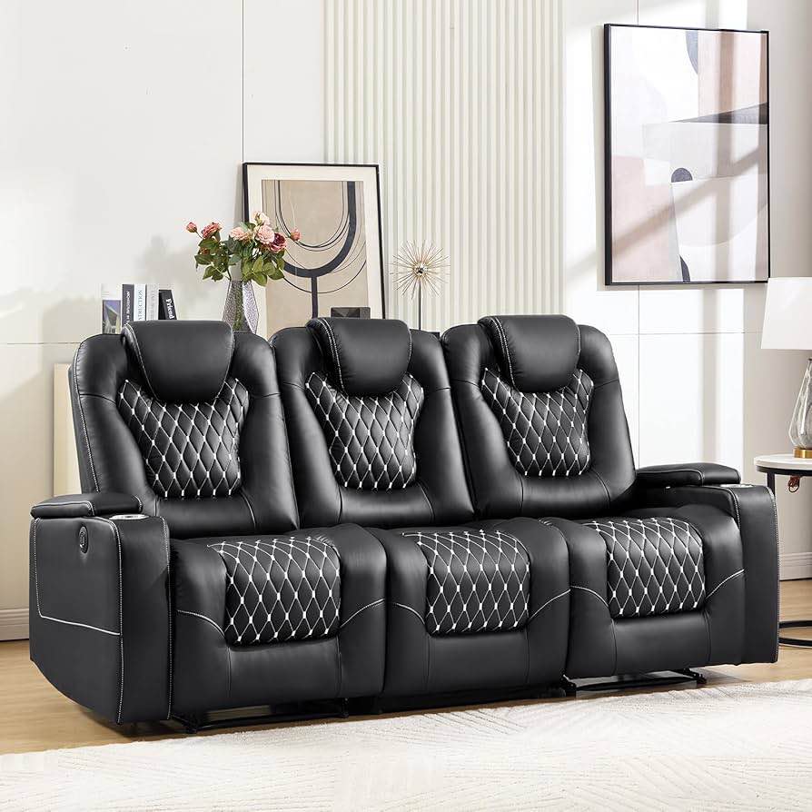 Black Vegan Leather Electric Power Reclining 3 Seater Sofa. Theater Seating with Console, Cup Holders, Hidden Arm Storage, & USB Ports