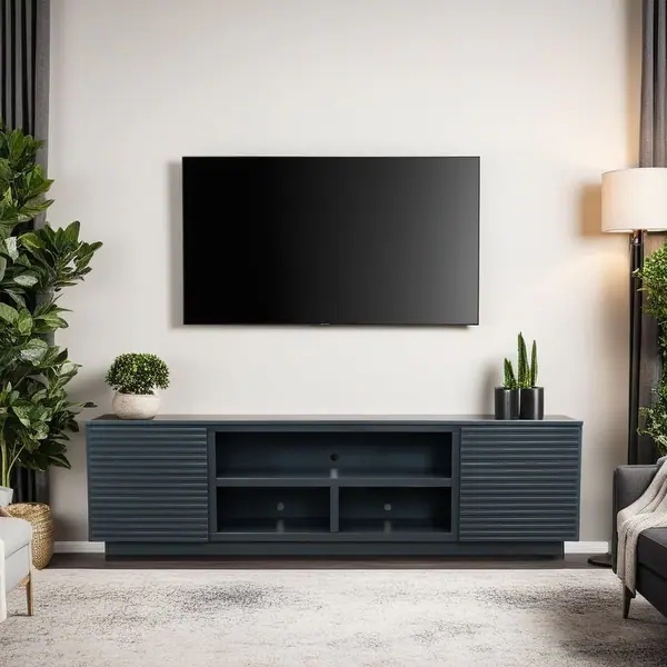 Bridgevine Home Stardust 89 inch TV Stand for TVs up to 100 inches, 3 Center Storage Compartments, 2 Single Shelf End Cabinets with inlet handles - Black