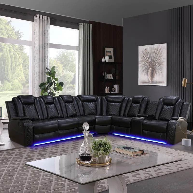 Black 7 Seater L Shaped Diamond Tufted Leather Power Reclining Theater Sectional (Row 22)