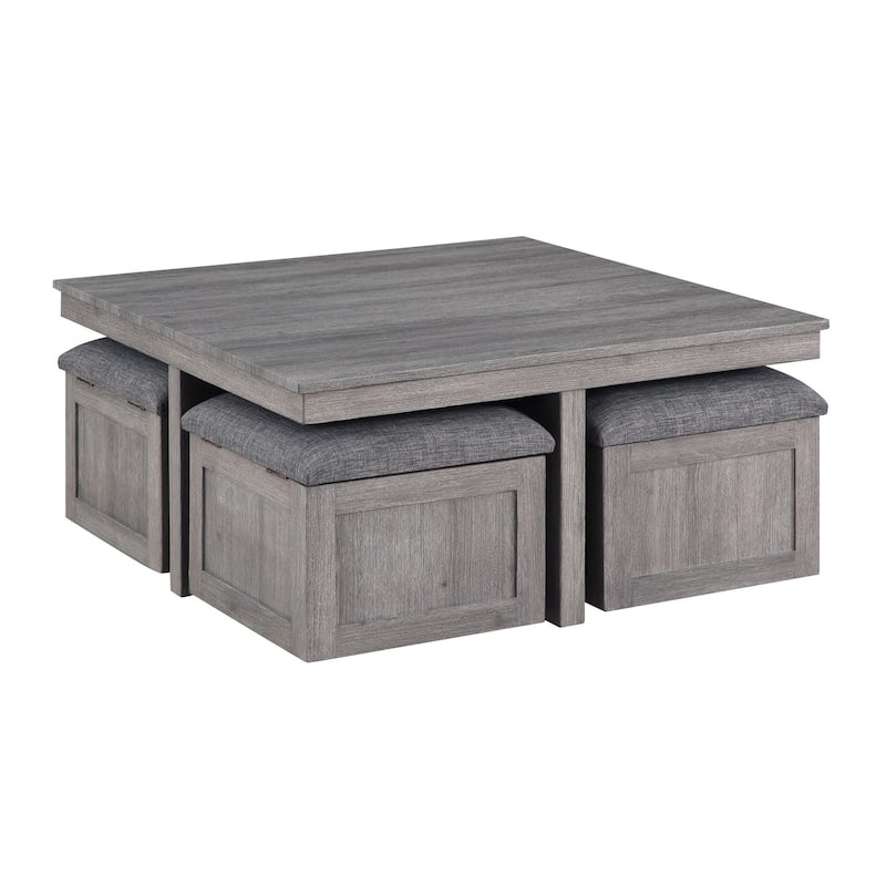 Mizo 5 Piece Coffee Table Set, 4 Nesting Storage Ottoman, Gray Finish