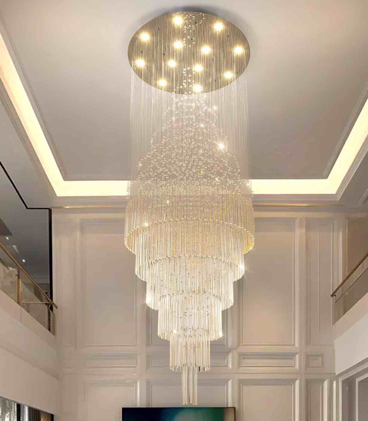 W40 x H118 Large Hanging Chandelier with LED Bulbs, Raindrop Crystals and Fluted Tubes. Thin wire Hanging, 7 Tier Shape, Round Light Hardwired Base. Some crystals missing, several wires slightly frayed.
