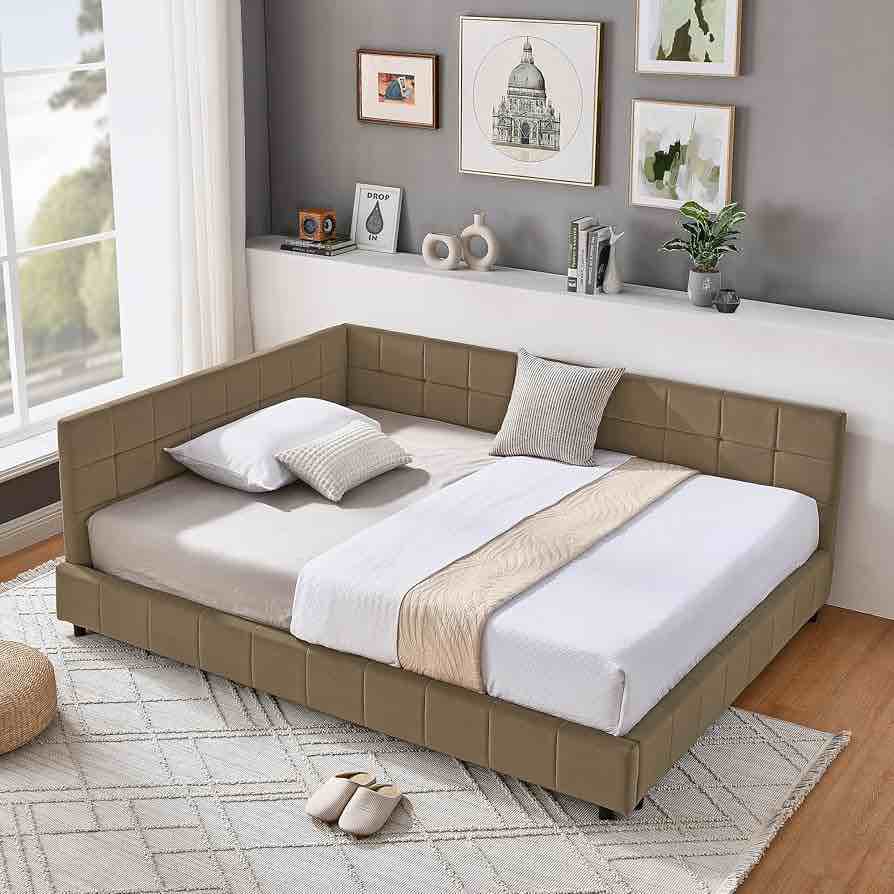 KEIKI Queen Size Soft Brown Line Tufted Corner Bed Frame with 2 Pull Out Drawers. (85.5''*64.5''*30.5''). 2 Boxes Total