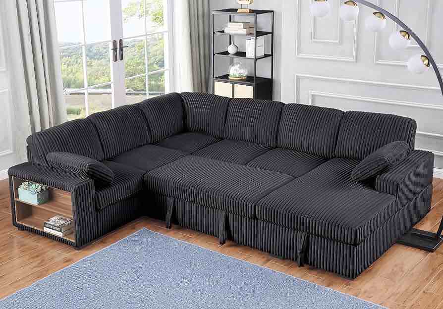 Eafurn Corduroy Plush Grey 6 Seater Oversized U Shaped Sectional Pull Out Sofa Bed w/Storage Chaise and Side Shelf. 4 Boxes complete item