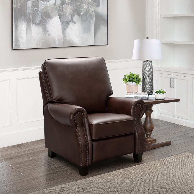 Analiyah 35" Wide Burgundy Genuine Top Grain Leather Brown Button Tufted Club Reclinerqith Deep Set Cushion and Wooden Legs in Espresso. 42'' H X 35'' W X 37'' D