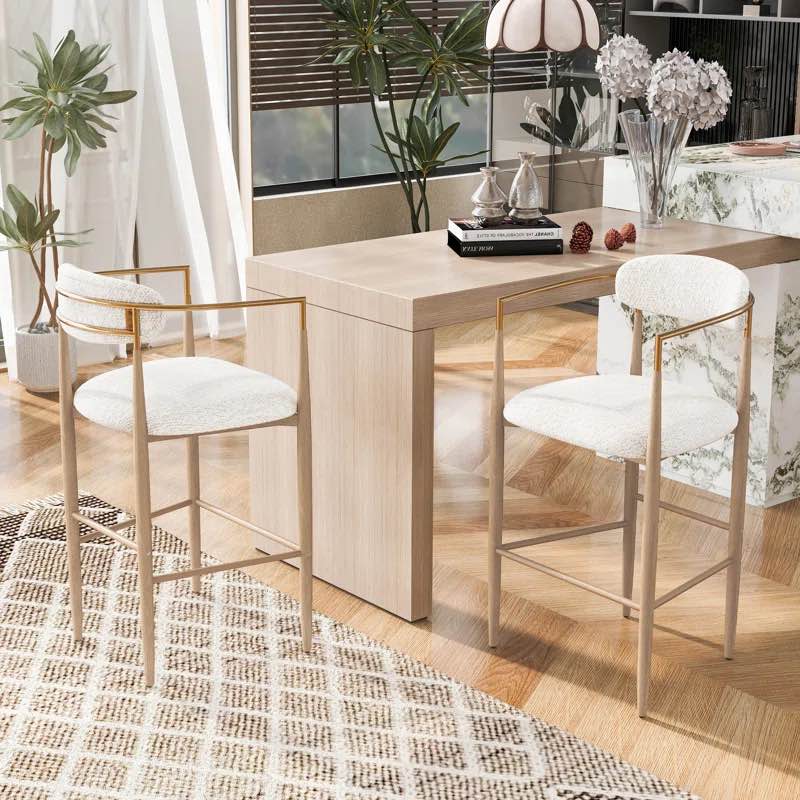 Amen White Boucle Modern Bar Stools. Dining Chairs with Iron Leg Frame Painted as Natural Light Wood, Gold Brushed Arms and Back Frame. 4 Chairs Total