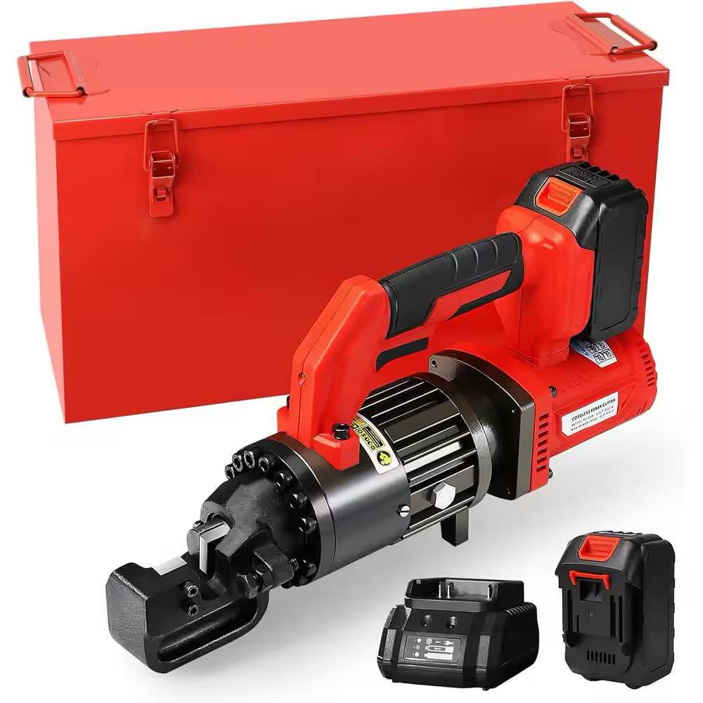 cordless electric 1 button hydraulic rebar cutting saw. portable, handheld, cordless, li-ion battery version, 4-16 mm, cutting range from 3/20 to 7/8. signs of some usage, charger and battery included
