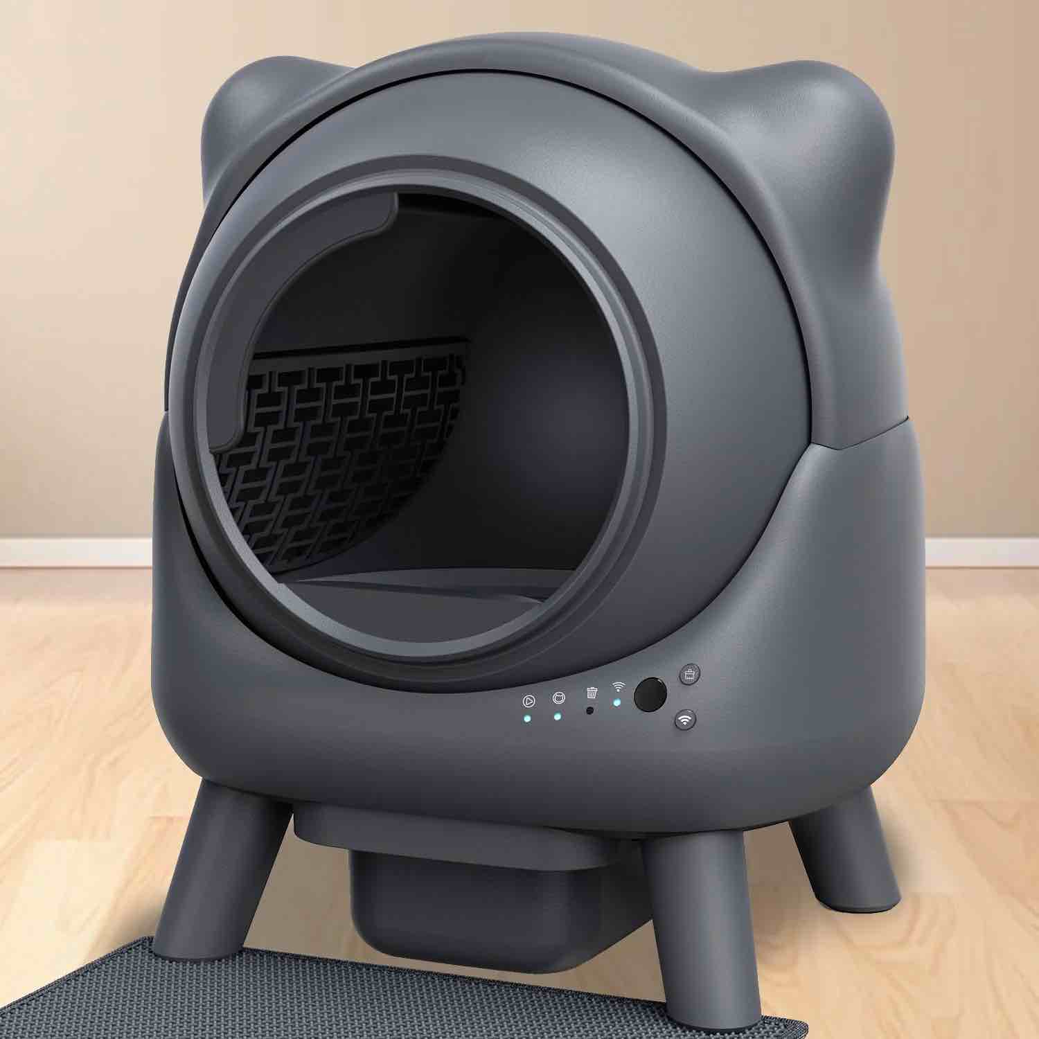 Self-cleaning Automatic Litter Box, with odor control by FEELNEEDY. Cat ear design, real-time monitor with app, 65 liter capacity. Grey.