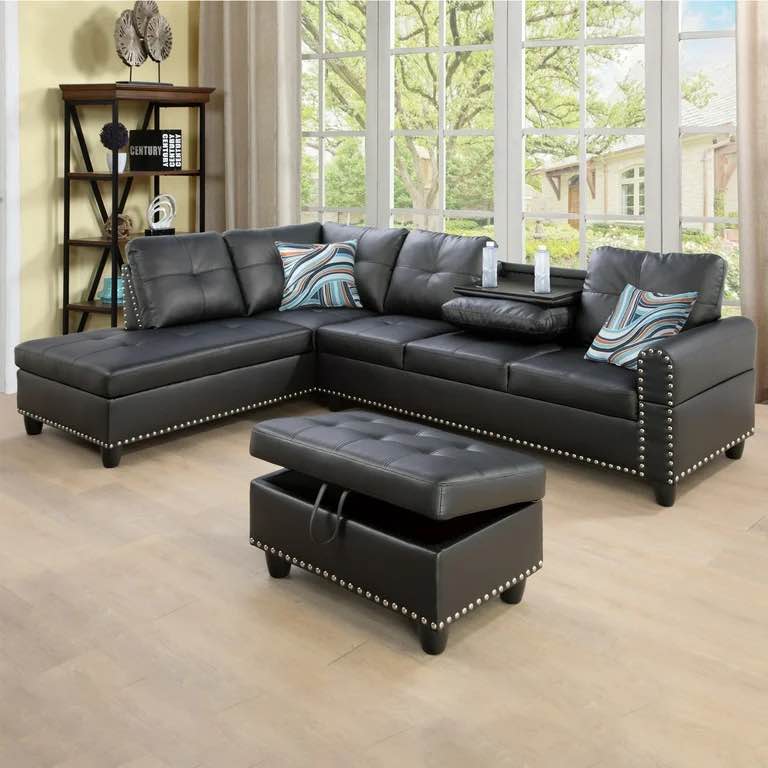 Ponliving Furniture San Marcos Vegan Leather 5 Seater Sectional Sofa with Accent Pillows and 2 Cup Pull Down Center Console. 2 Boxes complete item.