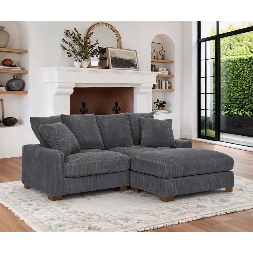 Wade Logan Arzelia 3 - Piece 2 Seat Soft Grey Corduroy Sectional with Storage Ottoman. Walnut Feet, Accent Pillows and Neck Rollers included. 3 Boxes Total. 89” L x 39.75” W x 20.5” H