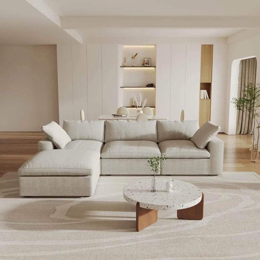 Three Piece Khaki Soft Fabric 3 Seat L Shaped Left Facing Sectional with Chaise, Cloud like Cushioning. Accent pillows sold separately.