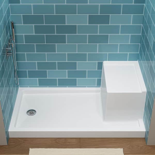 60 in. L x 32 in. W Alcove Shower Pan Base with Seat with NonSlip Design and Sloped Drainage