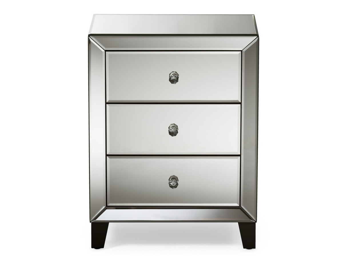 3 Drawer Mirrored Nightstand with Wooden Feet, and Clear Acrylic Knobs. 28” L x 14” D x 30” H
