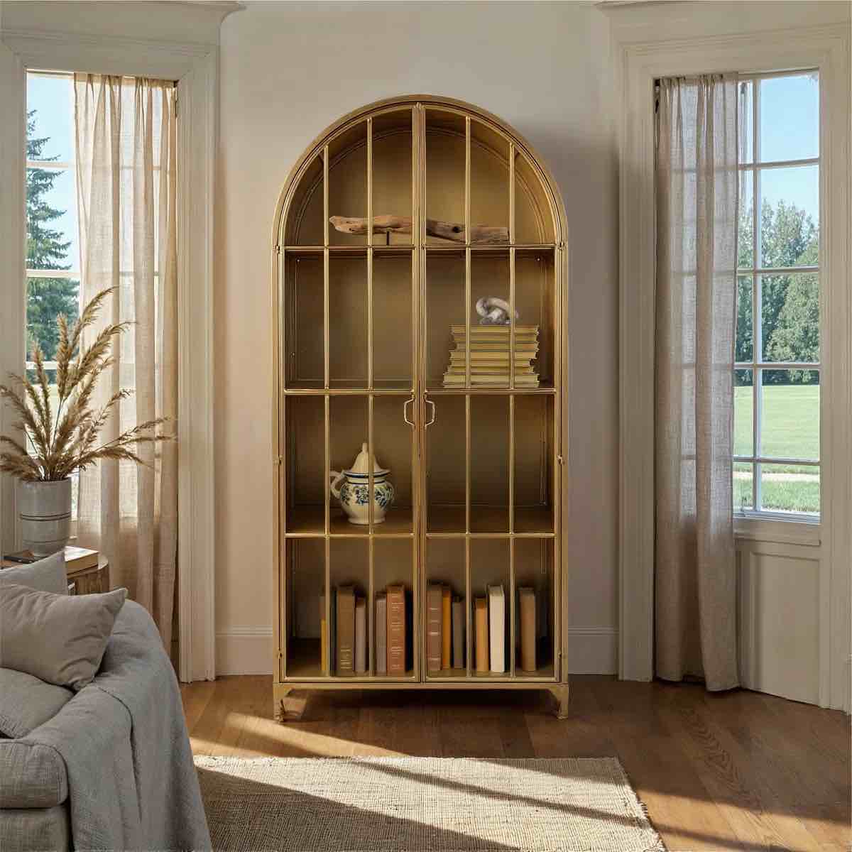 Arched Gold Brushed Metal Cabinet with Glass Panel Framed Doors and 3 Metal Shelves in Gold, 76.75'' H X 36'' W X 16.75'' D