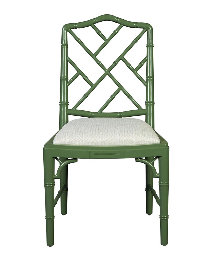 Sawyer Mahogany Wooden Indoor/Outdoor Patio Chairs Painted Green with Beige Linen Cushioning. Minor paint scuffs/ paint chips on seat corners of 3 Chairs, otherwise brand new condition. Set of 6