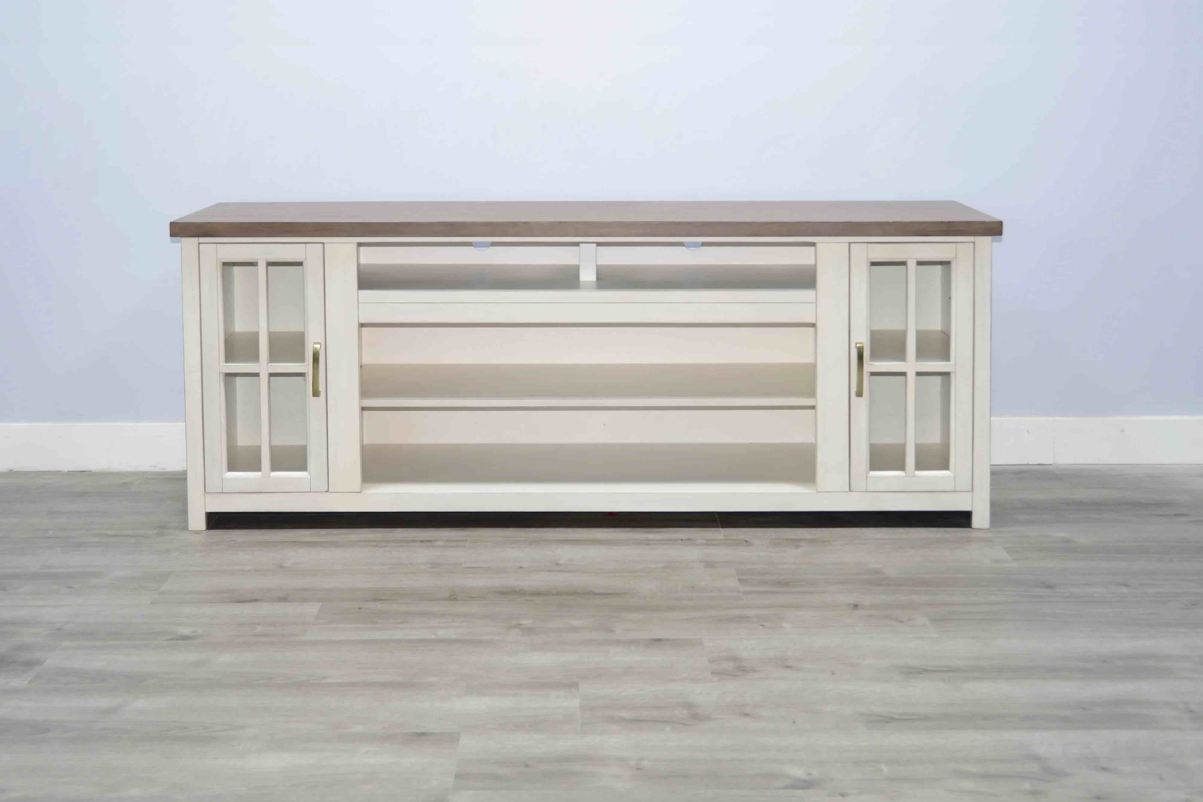 Pasadena Collection Light Distress White TV Console Table with Warm Oak Wood Top, 2 Single Shelf Cabinets, Glass Panel Doors, Open Center Shelf and 2 Top Storage Compartments, Shiny Gold Handles, 76" W × 17.5" D × 32" H