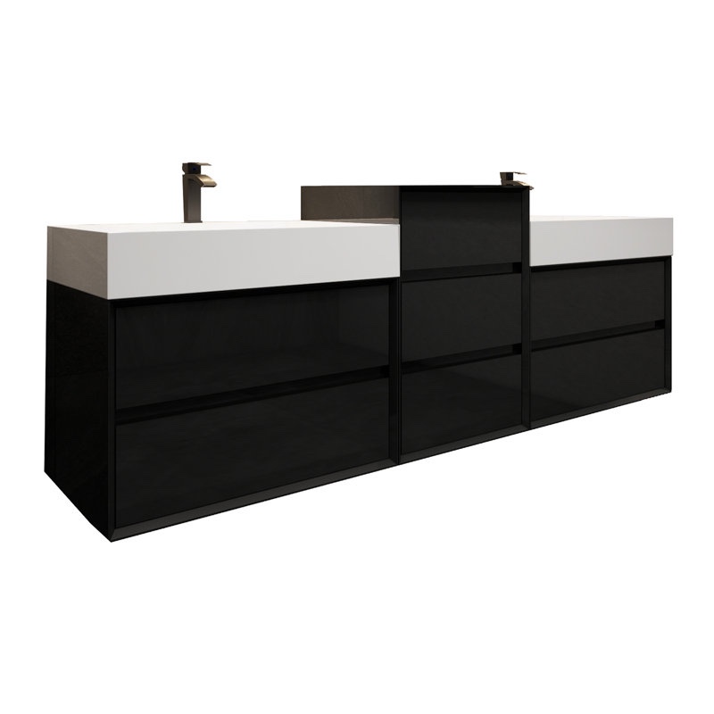 Albizu 67" Black Acrylic Wall-Mounted 2 Drawer Double Bathroom Vanity with 3 Drawer Divide, Sink tops sold separately, hinge on one bottom drawer needs fixed otherwise brand new condition. 21” D X 24.4'' H X 66.5'' W