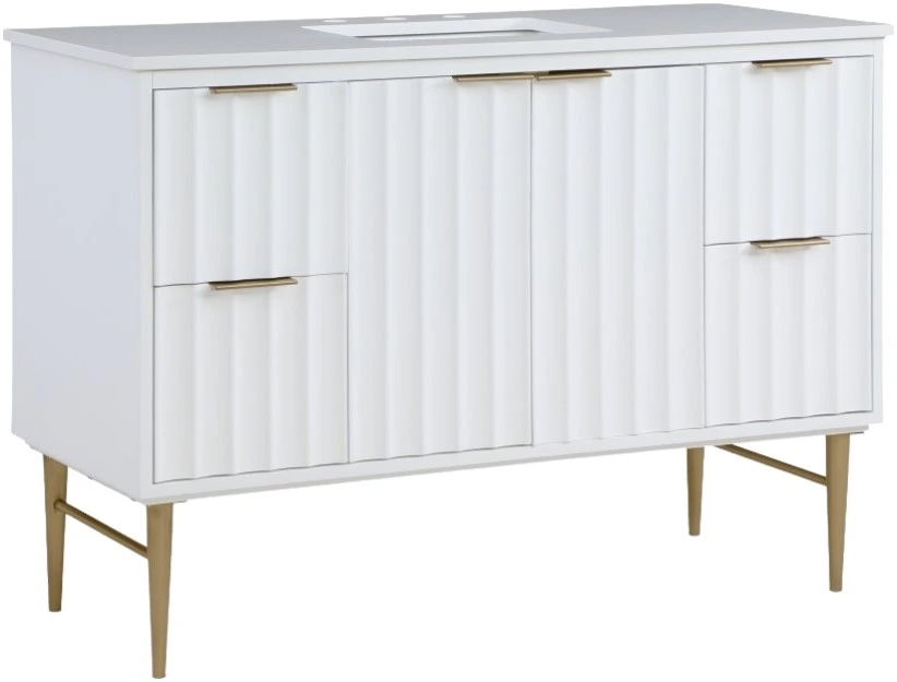 Meridian Furniture Modernist White 48" Bathroom Vanity with 4 Fluted Drawers, Open Space Cabinet, Shiny Gold Handles, and Solid White Quartz Top. 35"h x 48"w x 20"d