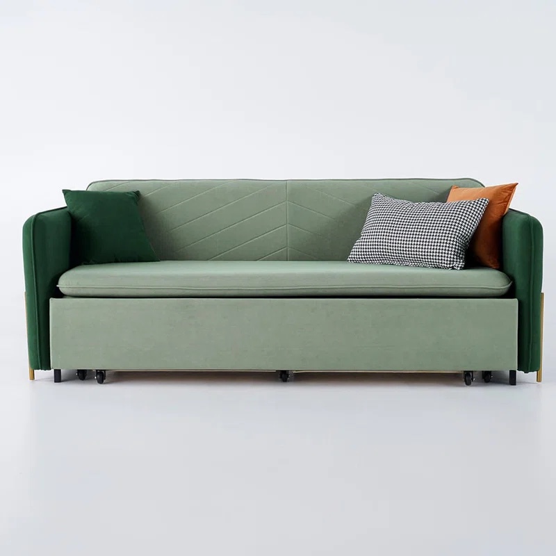Green Velvet 2 Seat Convertible Full Size Sleeper Sofa with Underneath Storage, Accent Pillows Included. 32.1'' H X 53.5'' W X 33.5'' D