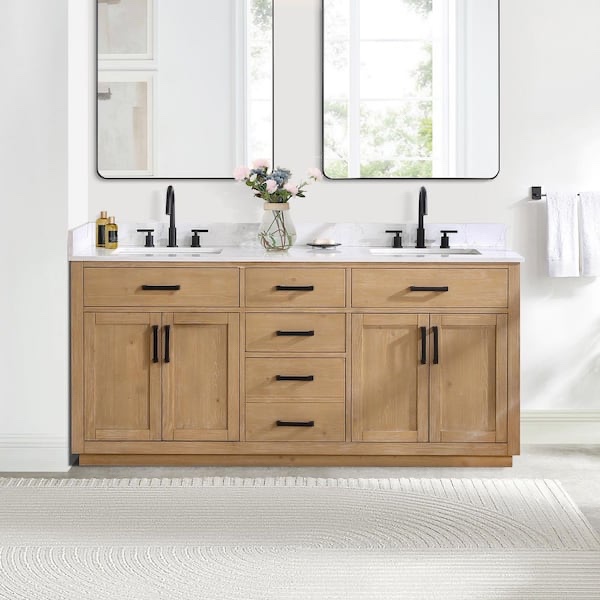 Gavino Bath Vanity in Light Brown with Grain White Composite Stone Top, 2 Open Space Cabinets, 5 Drawers, Black Metal Handles. Product Depth (in.) 22 in Product Height (in.) 34 in Product Width (in.) 72 in