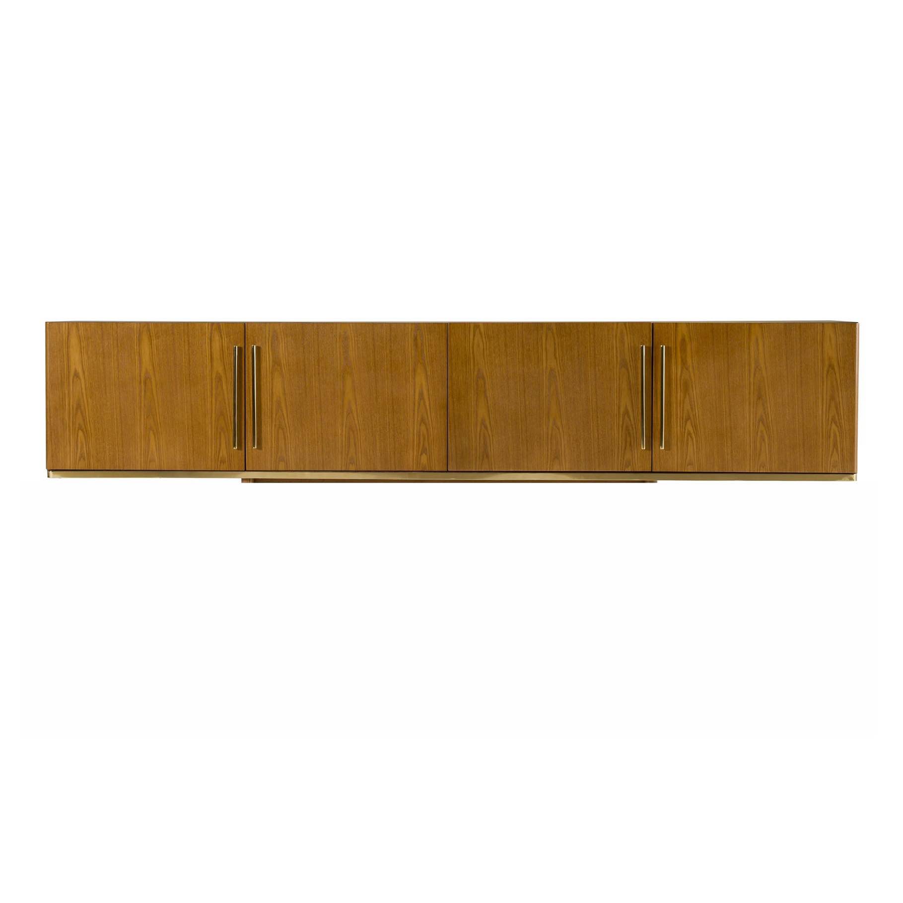 Bernard Mid-Century Modern TV Stand in Walnut with Gold Metal Handles and Trim, Single Glass Shelf. LEGS NOT INCLUDED. Console table in brand new condition. W95" x D18" x H18”