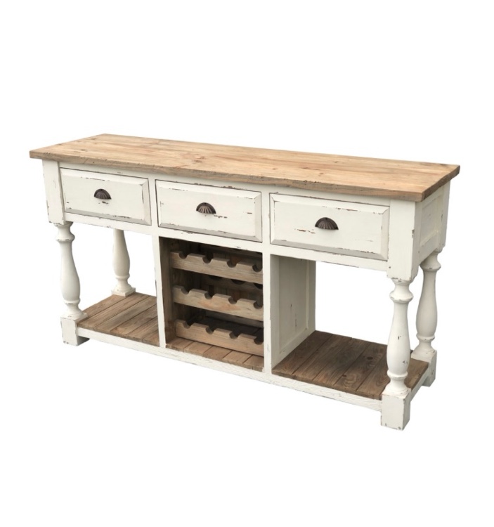 Farmhouse Console Wine Rack with White Chalk Finish and Natural Top - 63”x17.75”x33.5”