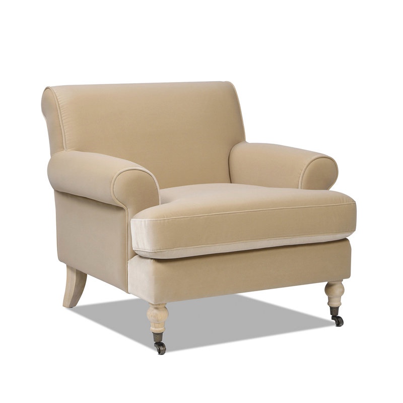 Wade Logan Harbor Upholstered Armchair in Fawn Brown Velvet (very small chip in back left leg)