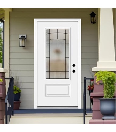 French Front Entry Door 36 x 80 inch, 3/4 View Frosted Glass Home Entrance Door Exterior with Brickmould, with Hardware, Left Hand, White