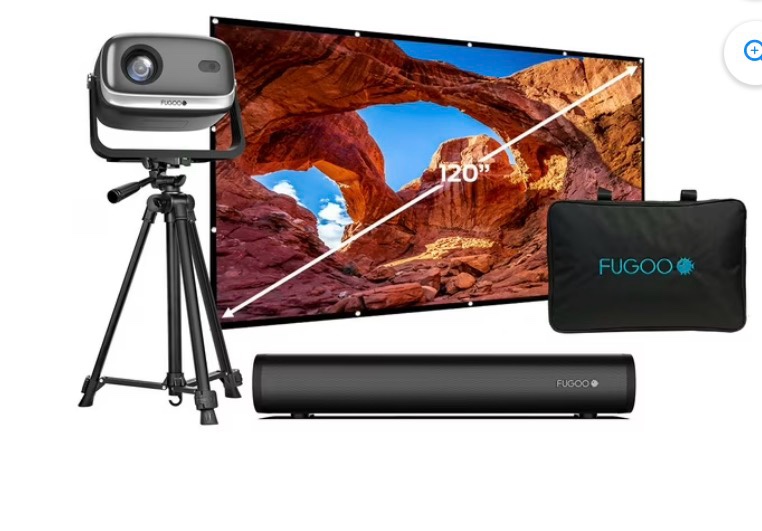 fugoo outdoor projector & soundbar bundle with tripod & 120" foldable screen