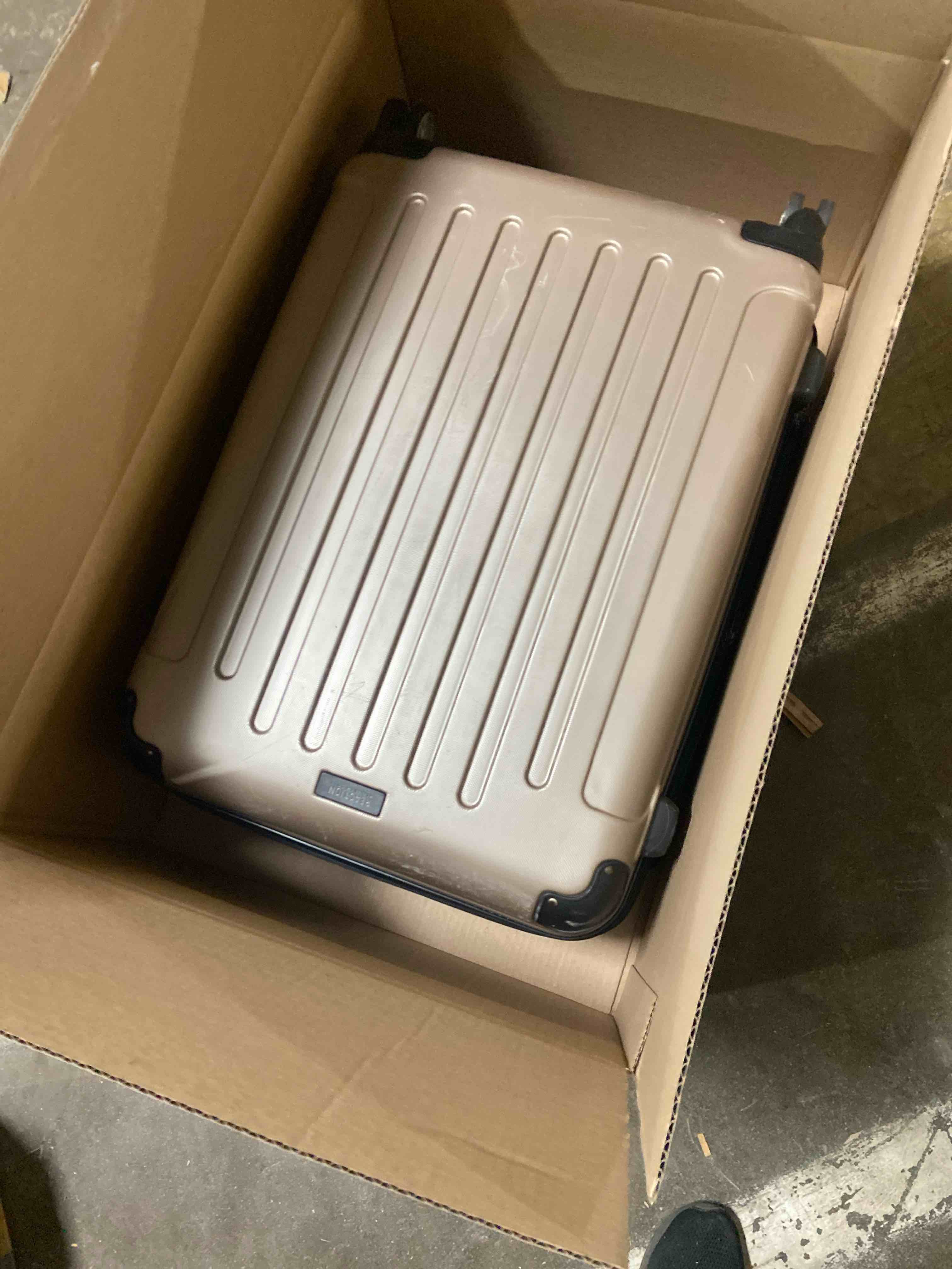 Condition photo showing As Is for Kenneth Cole REACTION Renegade Luggage Expandable 8-Wheel Spinner Lightweight Hardside Suitcase, Champagne, 28-Inch Checked 28-Inch Checked Champagne