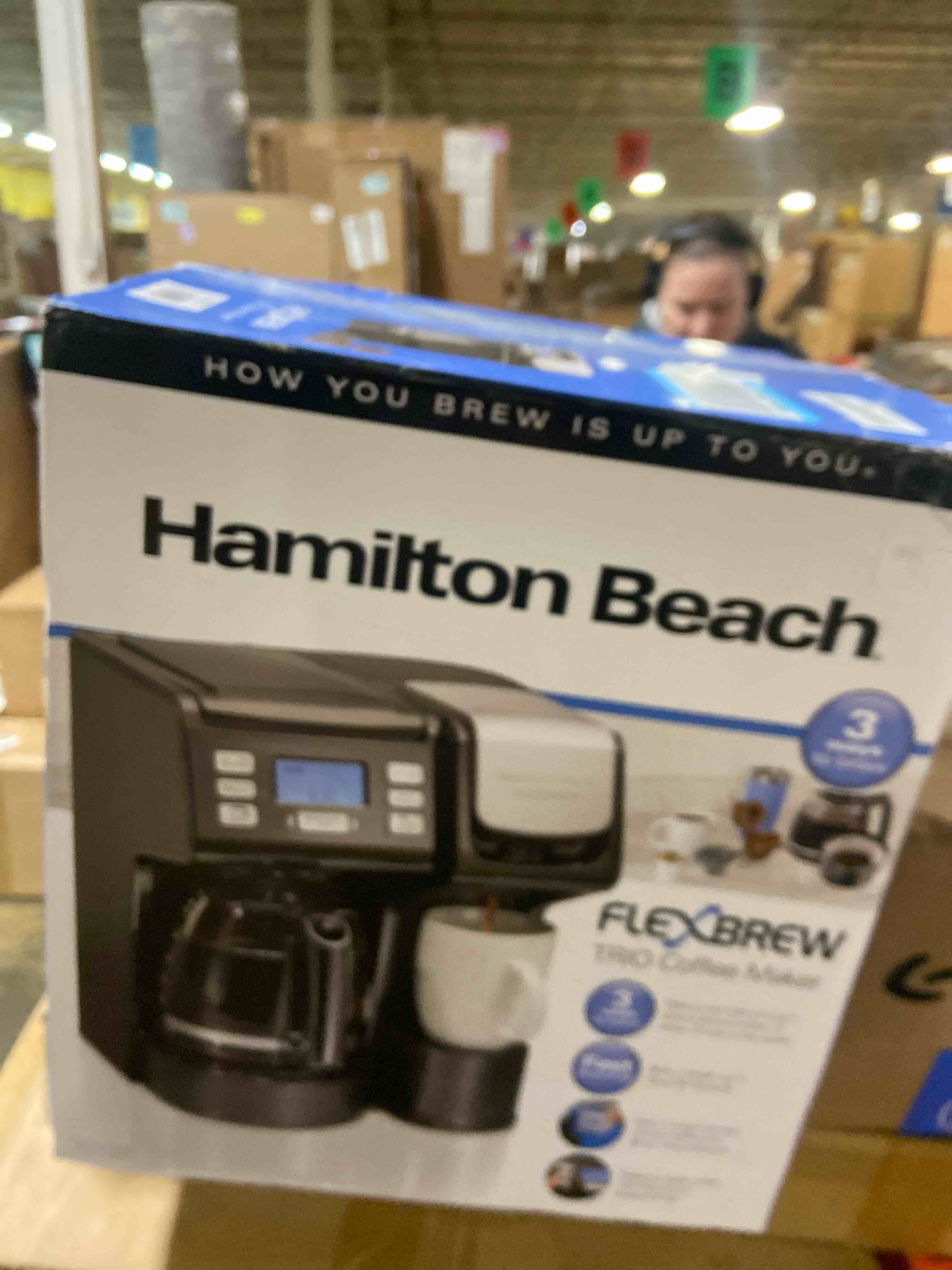 Condition photo showing Good Condition for Hamilton Beach FlexBrew Trio 2-Way Coffee Maker, Compatible with K-Cup Pods or Grounds, Combo, Single Serve & Full 12c Pot, Black - Fast Brewing (49902)