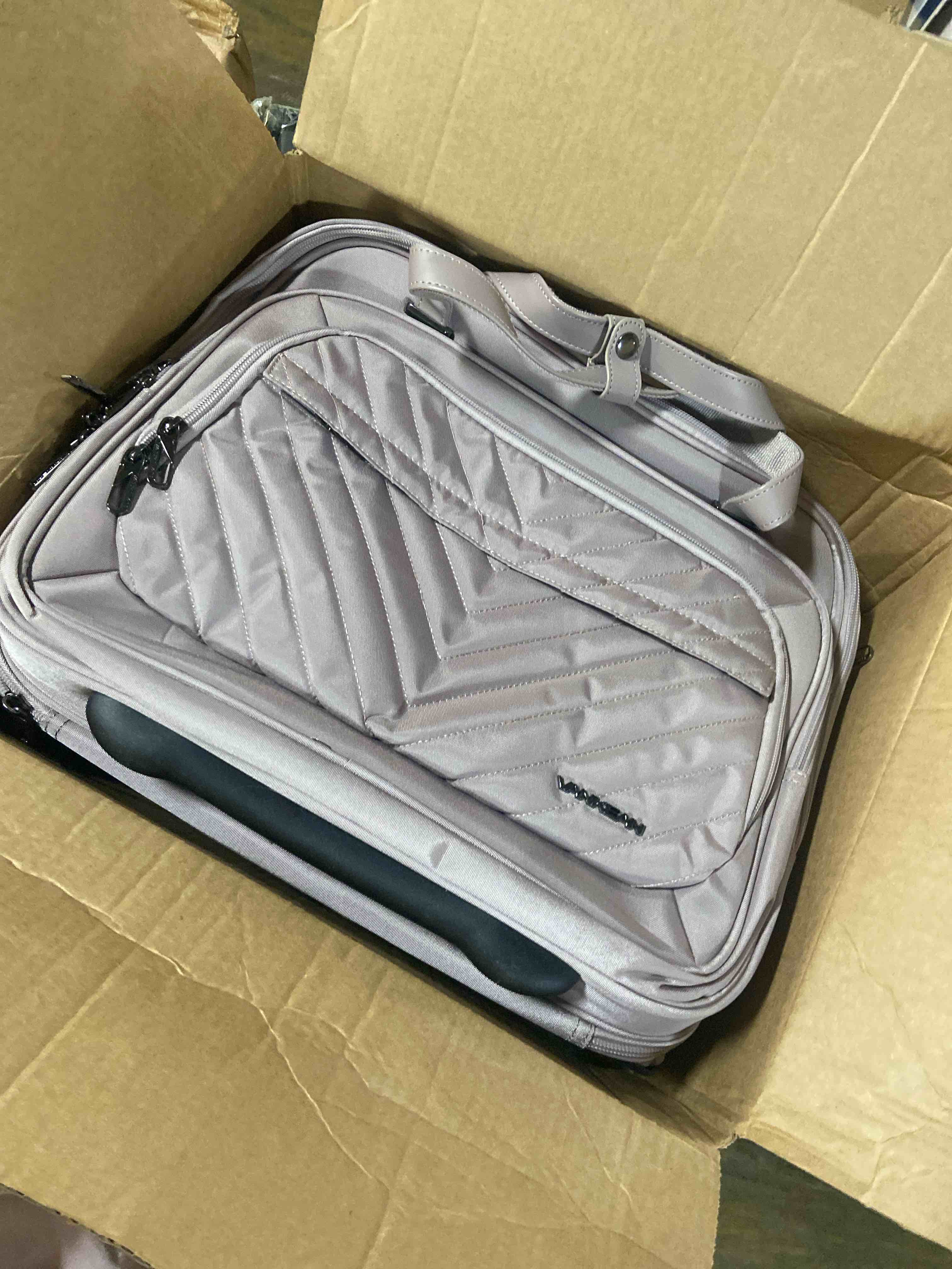 Condition photo showing New/Like New for VANKEAN Rolling Laptop Bag Women with Wheels, 15.6 Inch Rolling Briefcase for Women, Water Repellent Overnight Computer Bag with RFID Pockets for Travel Business Work, Light Dusty Pink Quilted Light Dusty Pink/Grey Purple