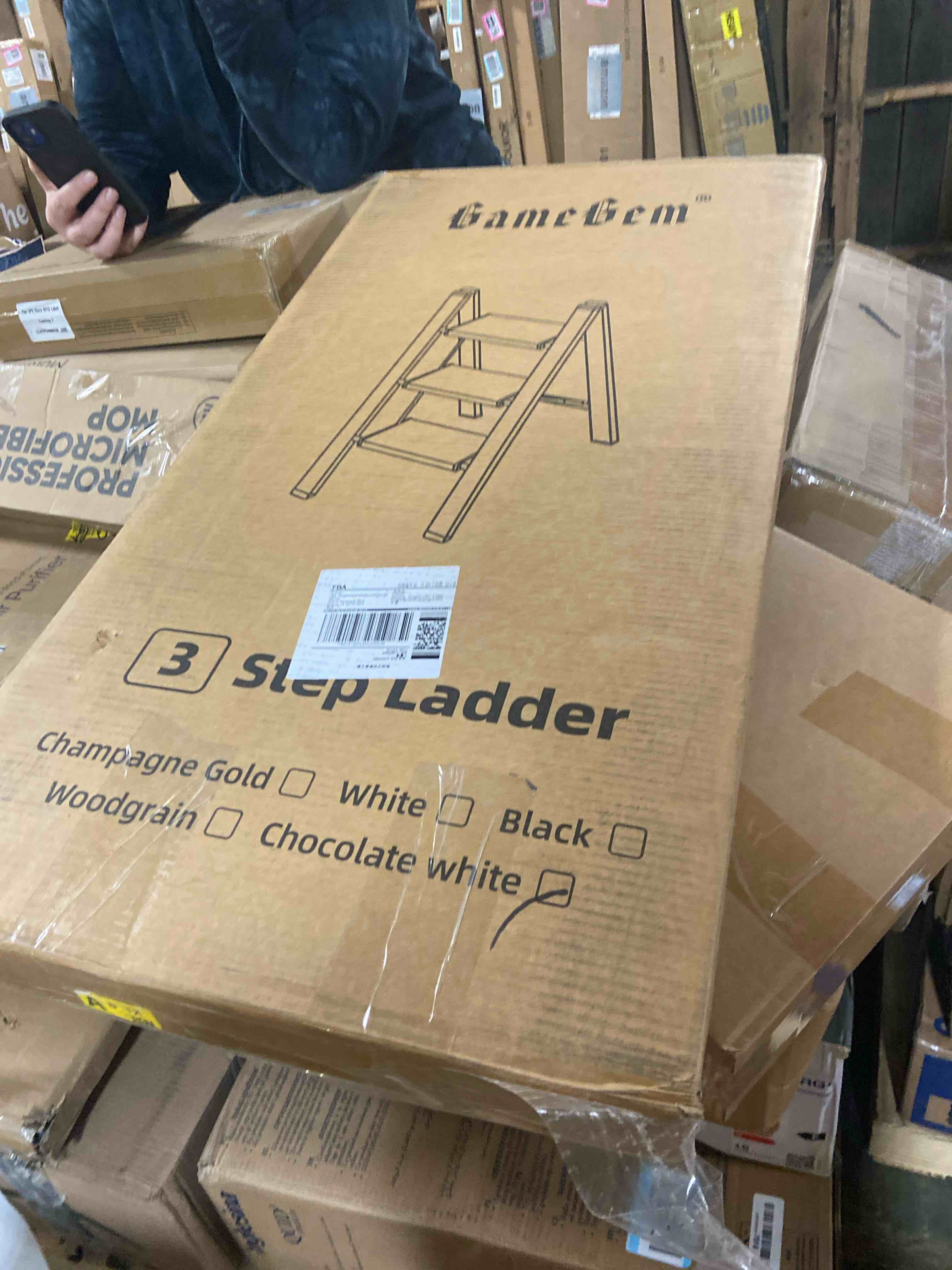 Condition photo showing New/Like New for GameGem 3 Step Ladder, Aluminum Folding Step Stool with Anti-Slip Sturdy and Wide Pedal, Lightweight Portable Stepladder for Home and Kitchen Use Space Saving, 330 lbs, Chocolate White Chocolate White 3 STEP