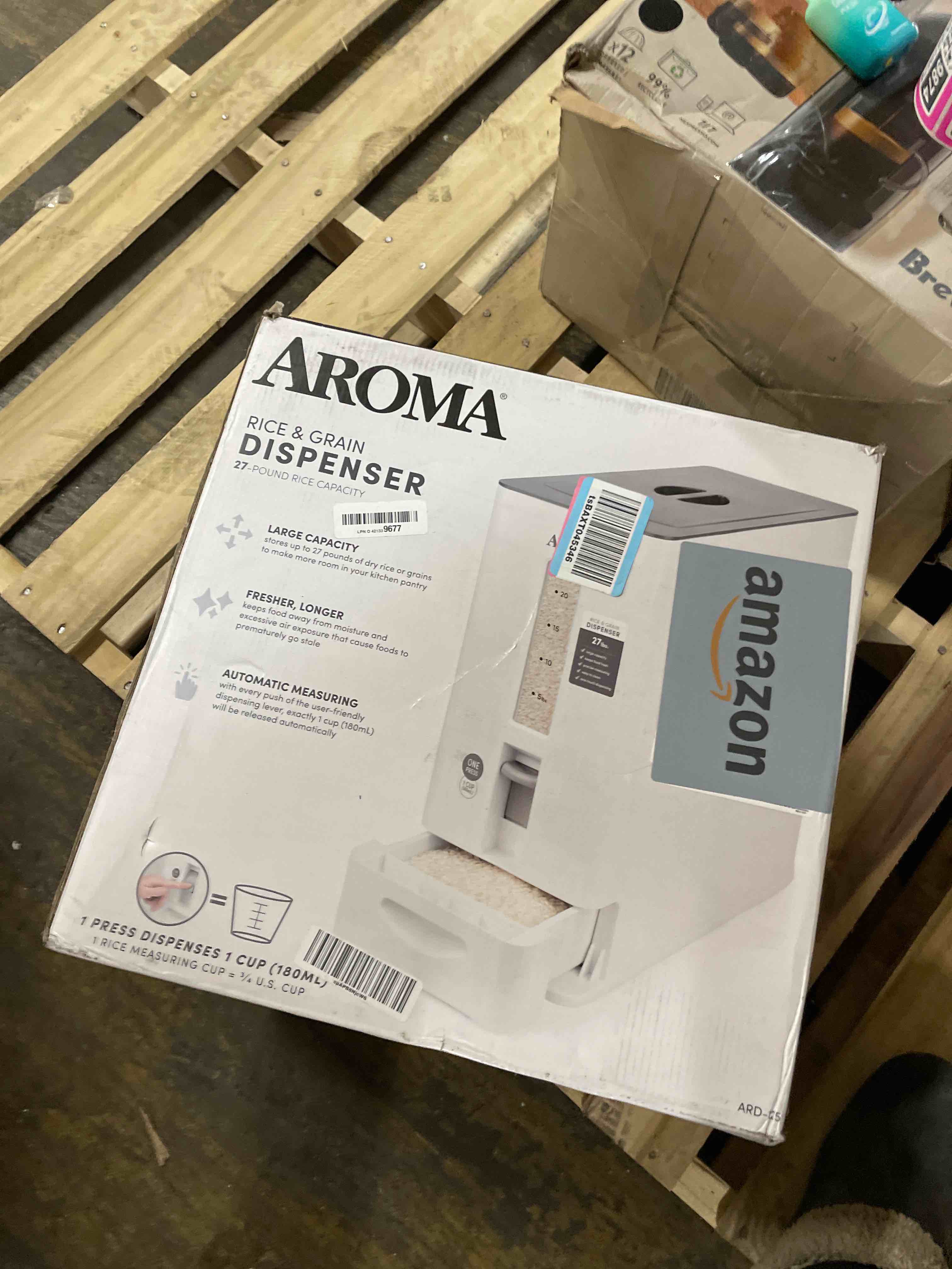 Condition photo showing Good Condition for Aroma Housewares 27lbs Large Rice Dispenser, 7.25 x 16.5 x 16.5 inches, White