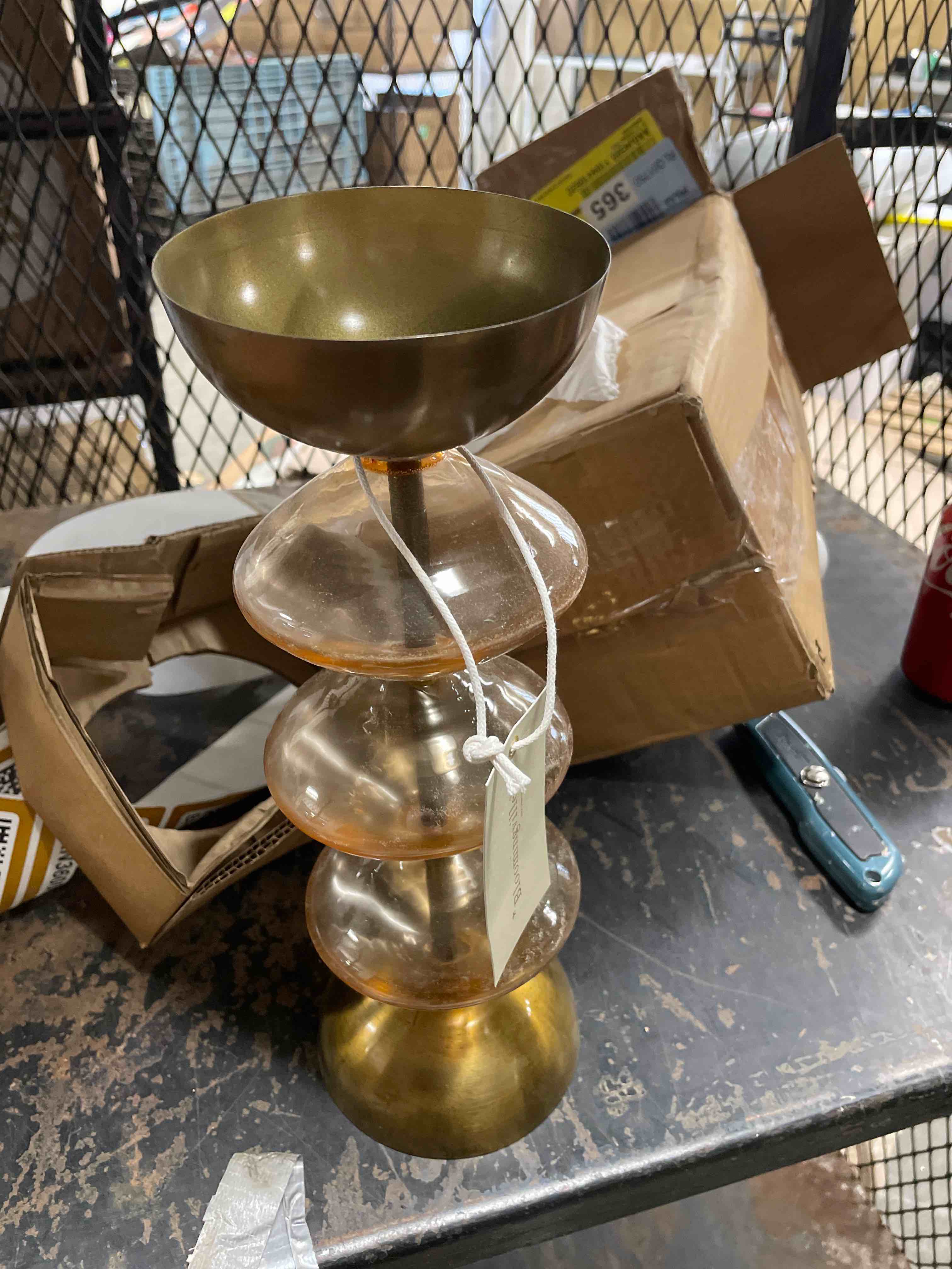 Condition photo showing New/Like New for Reclaimed Glass and Metal Decorative Pillar Candle Holder