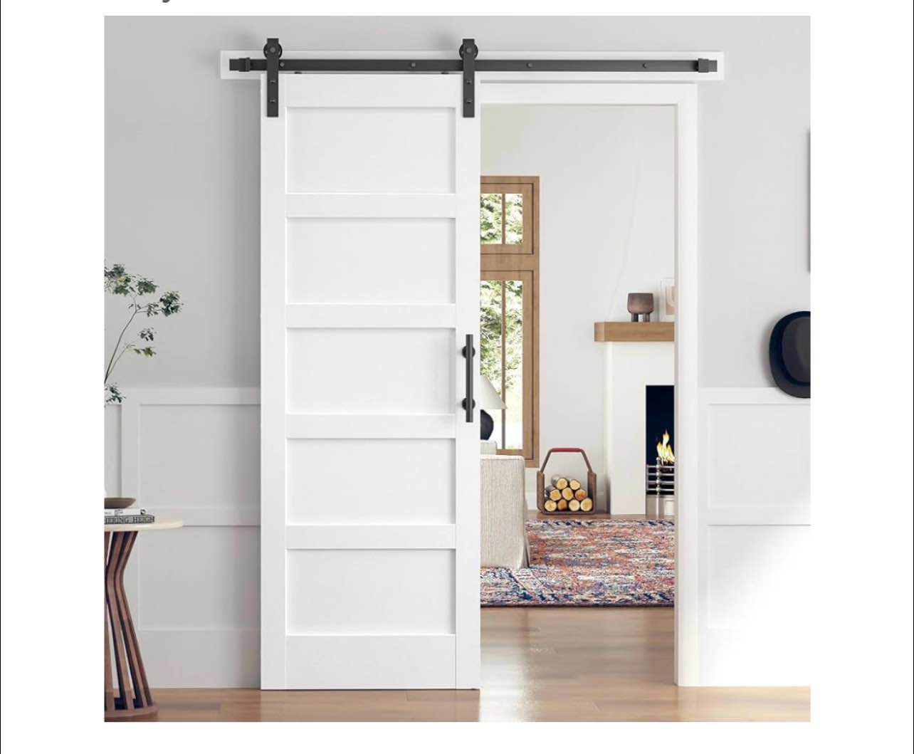 28x84 inch white sliding barn door slab with 5ft hardware kit included, 5-panel, mdf wood panel covered with water-proof scratch-proof pvc surface, simple diy assembly