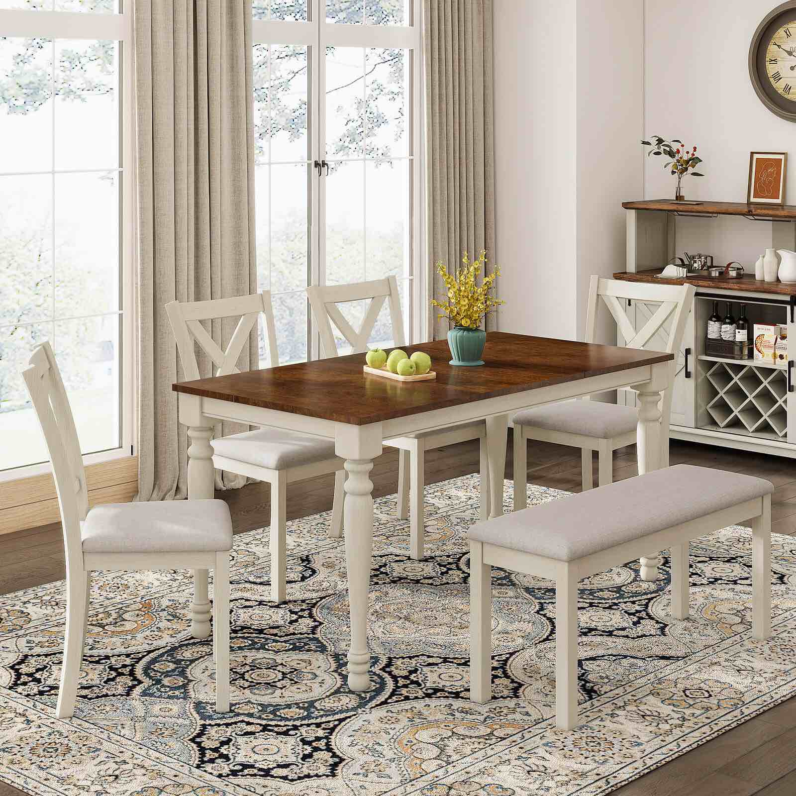 Spurvia 6-Piece 71" Dining Table Set, Light Cream Wooden Tradiyinslly Carved Table, Chair, and Bench Frame, Soft Light Grey Linen Cushioning, and Dark Brown Table Top. 2 Boxes Total