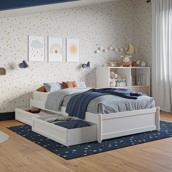 Barcelona White Solid Wood Frame Twin Panel Platform Bed with Storage Drawers