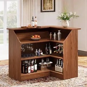 L-Shaped Bar Cabinet, 4-Tier Home Bar Table with Stemware Racks