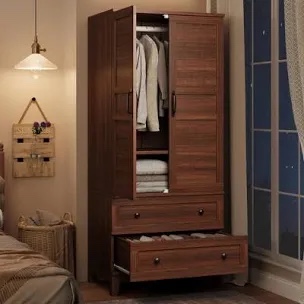 Armoire Wardrobe Closet with 2 Drawers,72" Wooden Wardrobe Cabinet with Hanging Rod, Doors and 18 Adjustable Shelves for Bedroom