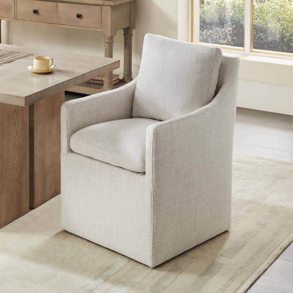 Halcyra Wheat Fabric Upholstered Dining Chair W/ Casters No Assembly Modern Accent Armchair for Dining Room Livingroom
